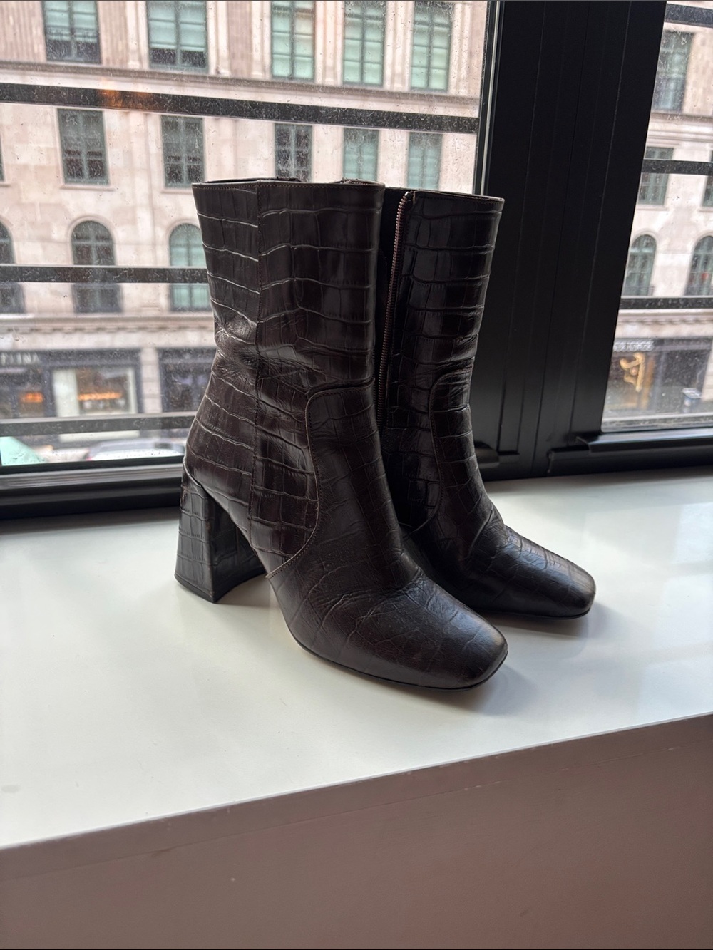 Jonak Croc-Embossed Dark Burgundy/ Brown Block Heel Ankle Boots